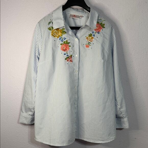Quacker Factory Tops - Quacker Factory Women Blue Striped Floral Embroidered Button-Up Shirt Size XL